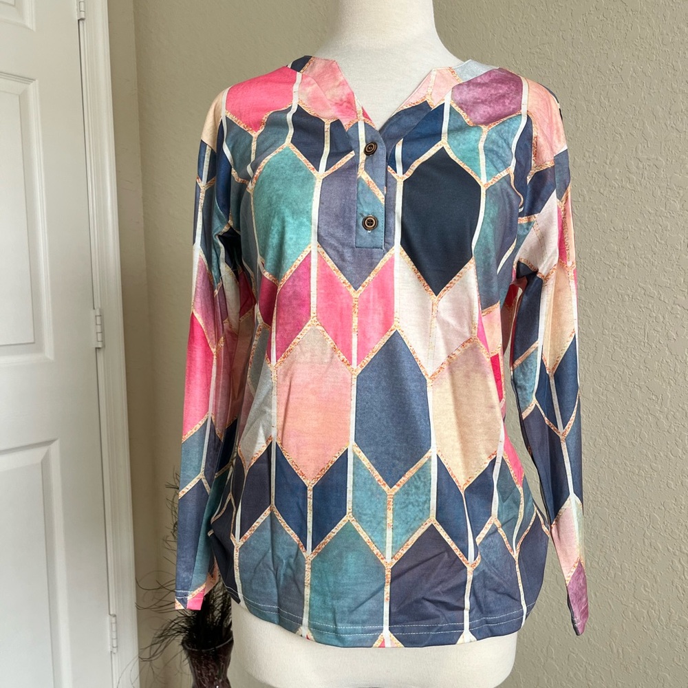 Pastel jewel-tone multi color lightweight V neck 2 button top.